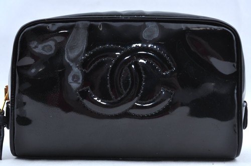 Authentic CHANEL Enamel CC Logo Cosmetic Pouch Black 3123M - Picture 2 of 10