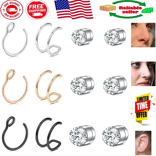 Trendy Faux Nose Rings Set - 9 Pcs Stainless Steel Non-Pierced Jewelry - Picture 1 of 8