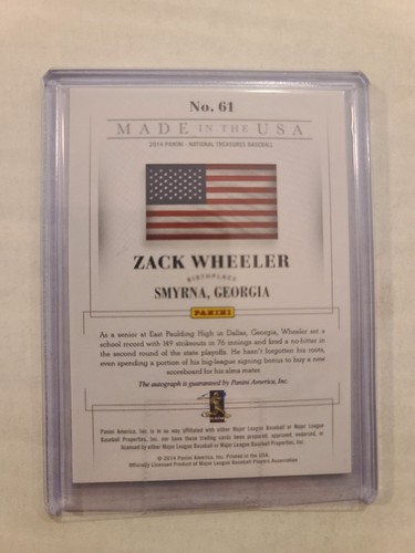 2014 National Treasures Made in the USA Zack Wheeler Autograph Patch 6/99 Mets - Picture 2 of 2