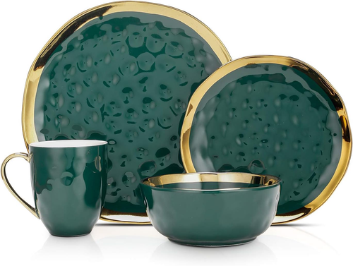 Porcelain 16 Piece Dinnerware Set, Service for 4, Green and Golden Rim - Picture 10 of 10