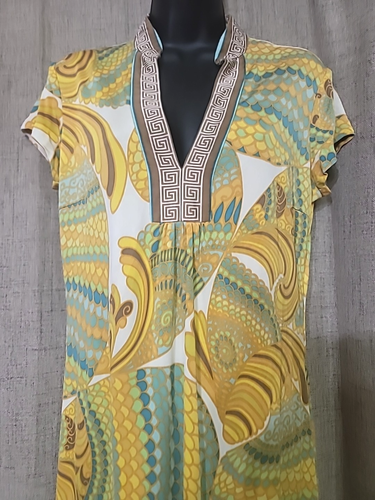 Trina Turk Yellow Silk Dress Silk Jersey Patterned Shift / Midi Short Dress 12 - Picture 2 of 9