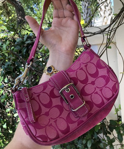 Coach Hot Pink Mini Signature Logo Suede Shoulder