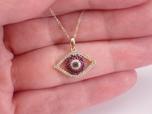 0.40Ct Round Cut Lab-Created Red Ruby Evil Eye Pendant 14K Yellow Gold Plated - Picture 5 of 6