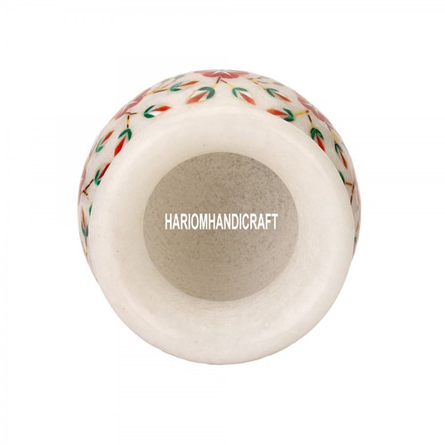 3''x3.5" White Marble Flower Pot Carnelian Floral Inlay Home Decor Gifts H3604 - Picture 3 of 6