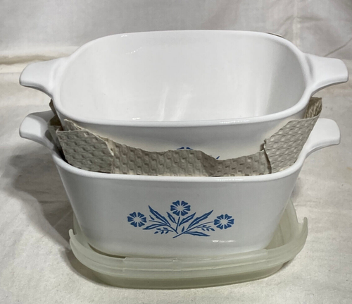 Vintage Corning Ware blaue Kornblume zierliche Schale mit Kunststoffdeckel. P-43. 4 Stk. USA