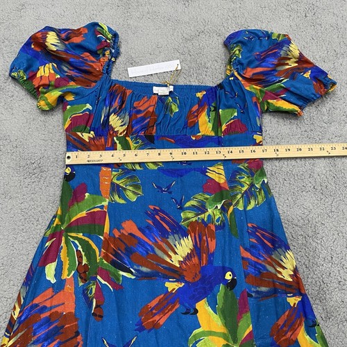 Maxi abito donna House of Harlow 1960 stampa tropicale L lino blu fumè nuovo con etichetta - Foto 10 di 24
