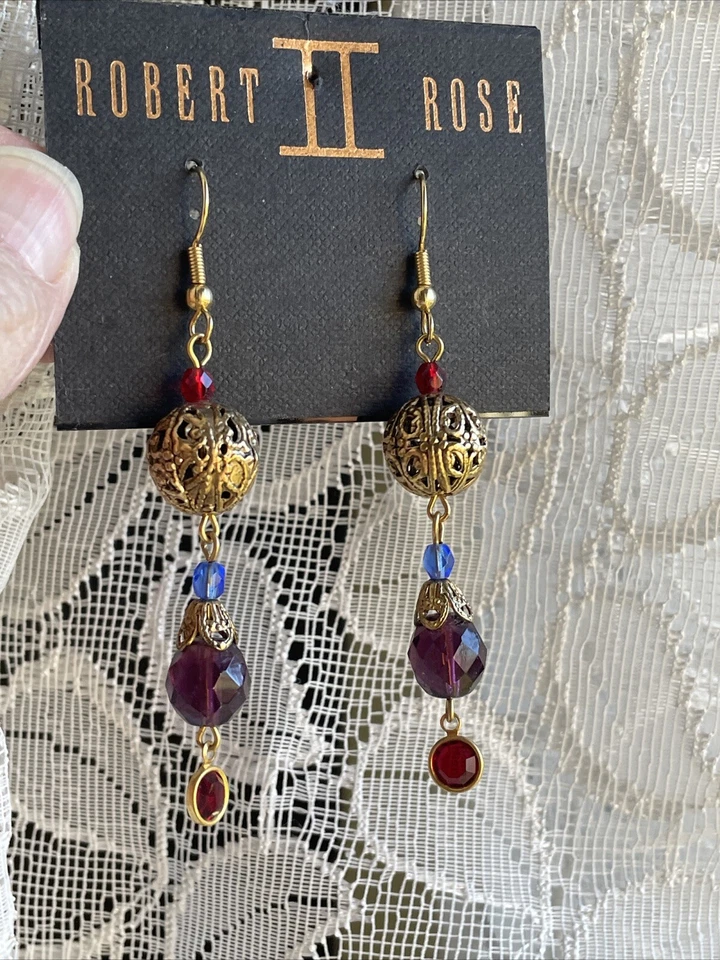 Robert Rose длинный кристалл подвеской серьги красный фиолетовый post золотой тон новый - Изображение 2 из 4