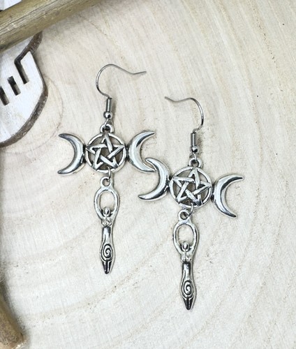 Pair Triple Moon Goddess Earrings Pentagram Star Wicca Pagan Goth Fertility - Picture 1 of 11