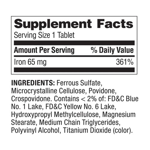 Spring Valley Iron General Wellness Dietary Supplement Tablets, 65 mg, 100 Count - Picture 2 of 8