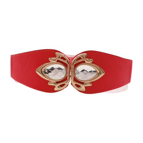 Women Coral Pink Red Elastic Waistband Fashion Belt Gold Metal Bling Buckle S M - Picture 8 of 24