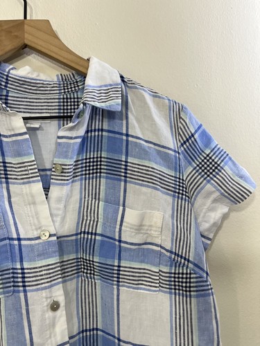 Linen Button Up Tunic Shirt Check Plaid Dress Coastal Cottage Resort Preppy - Picture 3 of 15