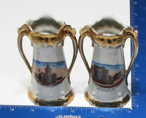 PAIR Antique Rochester NY City Hall Main Street Souvenir Vases Ceramic Germany - Picture 2 of 5