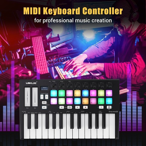 WORLDE Orca mini25 Portable 25-Key USB MIDI Keyboard Controller 16 RGB Backlit - Imagen 2 de 12