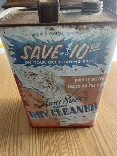 Vintage Aunt Sue's French Dry Cleaner 1 Gallon Metal Can Oil Great Graphics - Picture 3 of 7