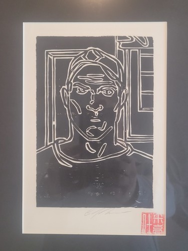 MYSTERY WOOD BLOCK PRINT: Signiertes Man Self-Portrait In Black n White Gerahmt - Bild 2 von 18