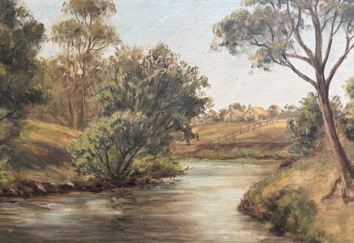 ACEITE COLONIAL AUSTRALIANO "RÍO YARRA SUPERIOR CERCA DE MELBOURNE" MARCO DE ROBLE C 1900 - Imagen 4 de 8