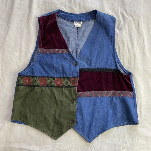 Vtg 80s 90s Koret City Blues Denim Patchwork Button Vest Velvet 1X Cottagecore