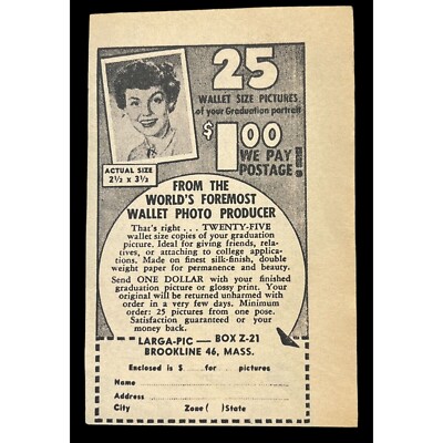 Larga Pic Wallet Photos Vintage Mini Print Ad 1950s Mail Order Brookline MA