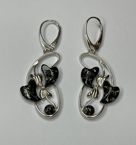 AMBER HEART Earrings with Sterling Silver.GREENISH Amber Stone Dangle Earrings. - Picture 2 of 8