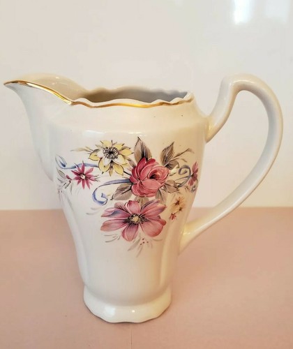 Ceramic Ivory Pitcher Chocolate Pot Pink Flowers and Roses Gold Trim 6.5" Tall - Picture 1 of 6
