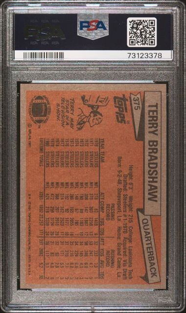 1981 Topps Terry Bradshaw Vintage Football Card #375 Pitt Steelers HOF  PSA 7 NM view 2