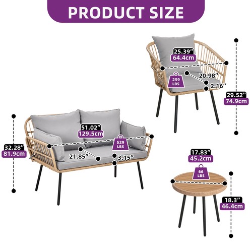 4x Outdoor Patio Rattan Furniture Set Cushions Loveseat Sofa with Coffee Table - Picture 2 of 9