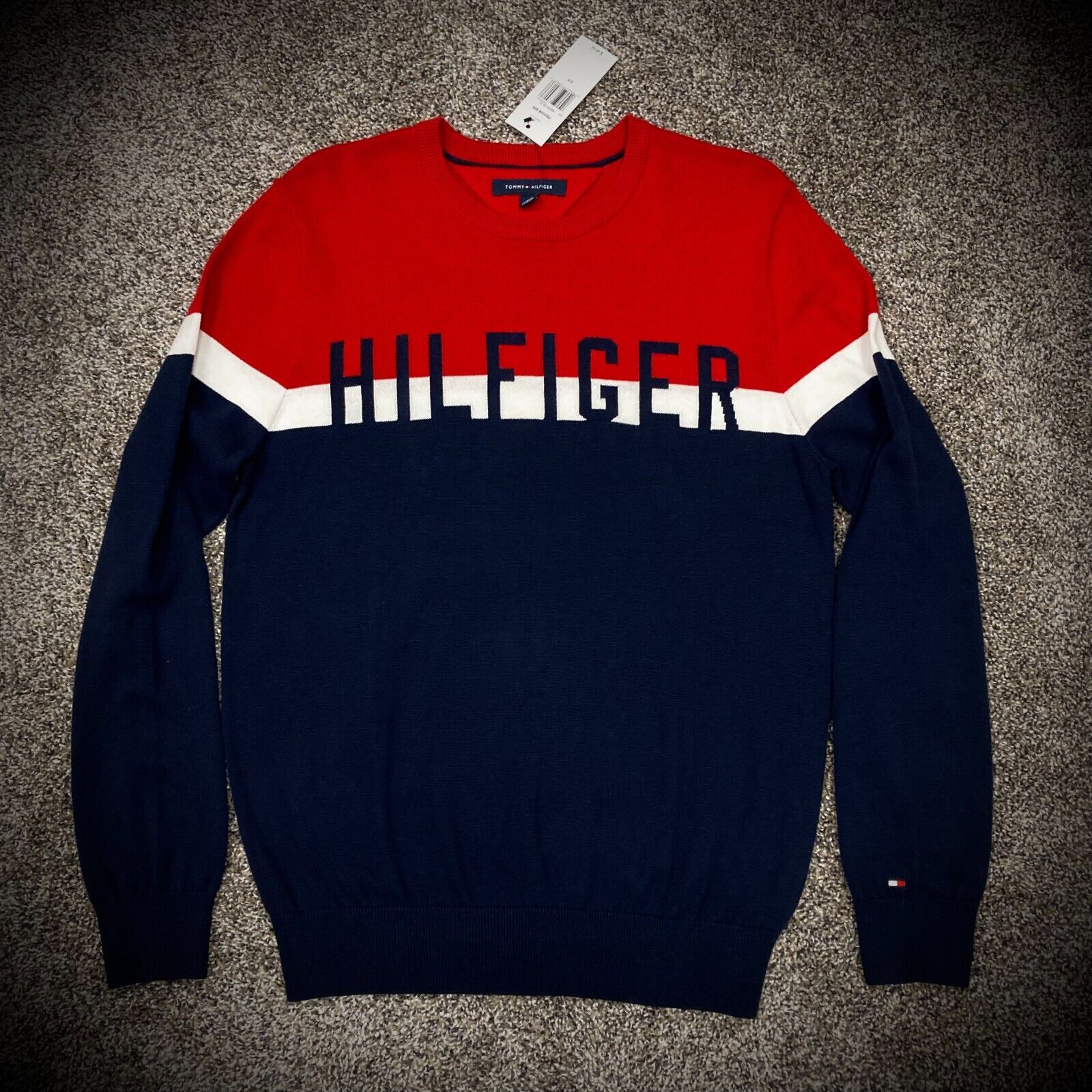 På forhånd tyveri Uenighed New$69 TOMMY HILFIGER SWEATER red white navy blue retro spellout logo MENS  SMALL | eBay