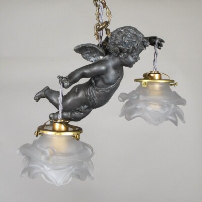 Antique French Chandelier Shades Gilded Bronze Canopy Angel Cupid