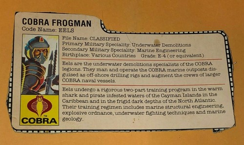 1985 G.I. Joe Cobra Frogman Codename Eels File Card Only GI Actionfigur ARAH - Bild 1 von 2