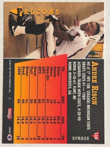 1994 Bowman #110 Andre Rison Atlanta Falcons - Picture 2 of 2