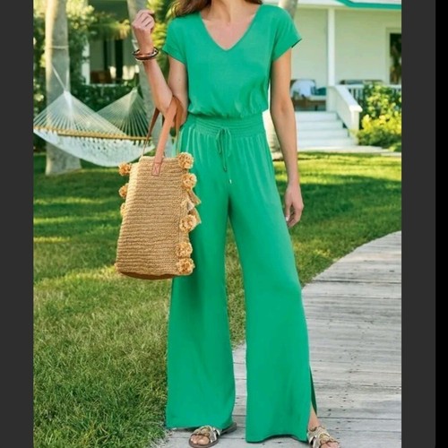Soft Surroundings Caspian Jumpsuit in Vivid Green Size XS Smocked Waist V-Neck - Picture 2 of 13