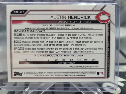 2021 Bowman Chrome Prospects Blue  /150 Austin Hendrick - Picture 3 of 3