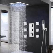 LED Rain Head Combo Set Ceiling Thermostatic Shower Faucet Mixer Massage System