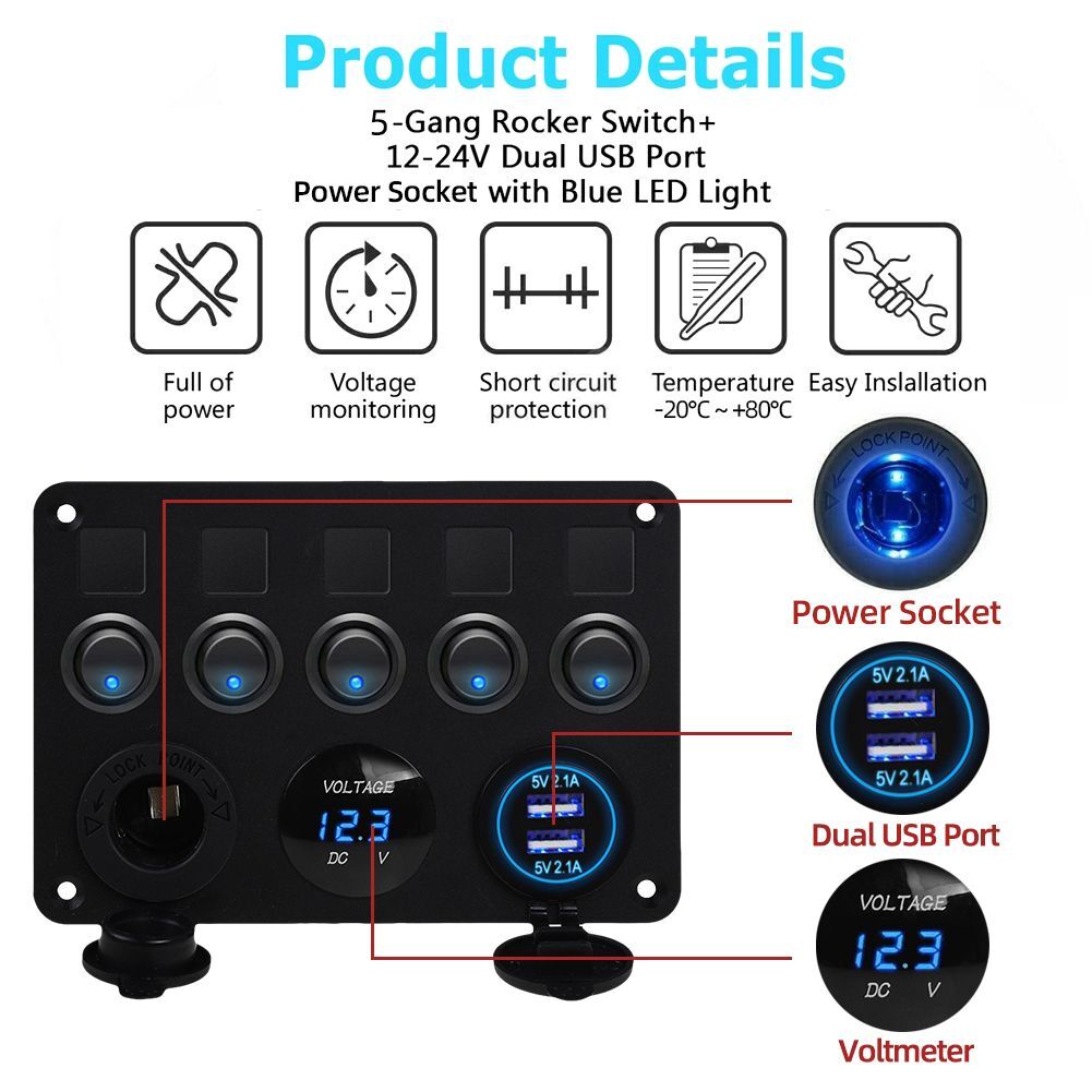 5 Gang LED Schaltpanel für Auto Boot Schalter Schalttafel Voltmeter USB 12V 24V