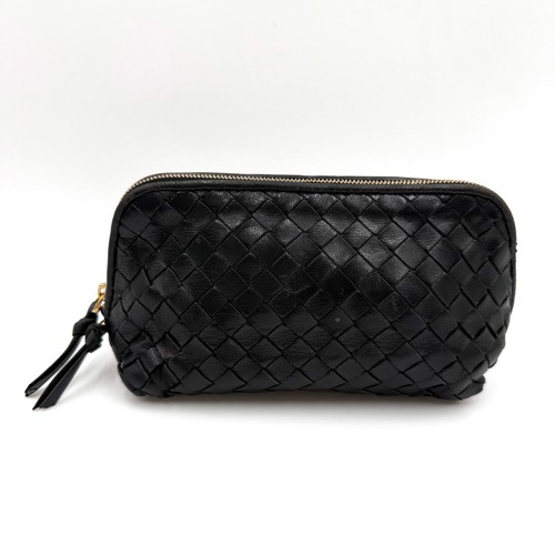 BOTTEGA VENETA Intrecciato Cosmetic Pouch Purse Black Leather 757 - Picture 2 of 14