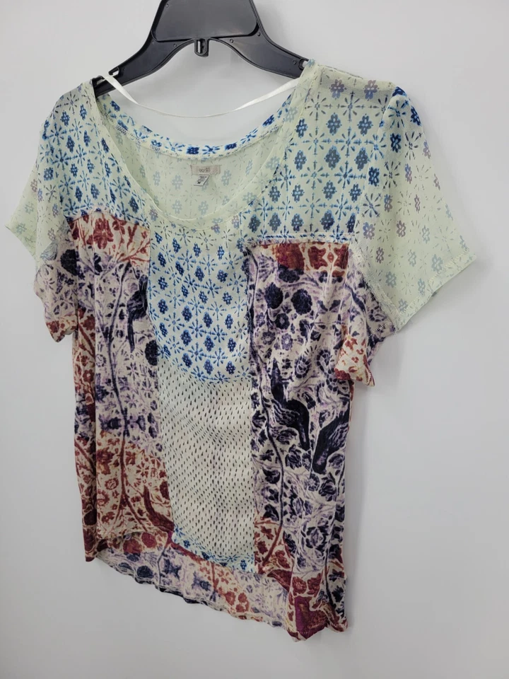 Blusa campesina boho manga corta retazos medios mixtos medianos Ecote Top para mujer Foto 3 de 4