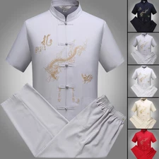 Mens Traditional Chinese Tang Suit Uniform Tai Chi T-shirt Suit Dragon Embroidey
