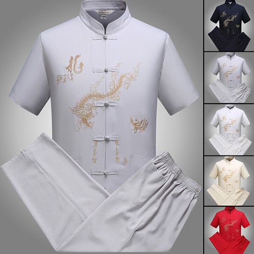 Mens Traditional Chinese Tang Suit Uniform Tai Chi T-shirt Suit Dragon Embroidey - Picture 1 of 26