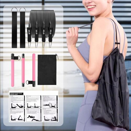 Pilates Bar Set Adjustable Resistance Bands Pink Portable Home Gym Yoga 4-Band - Picture 10 of 12