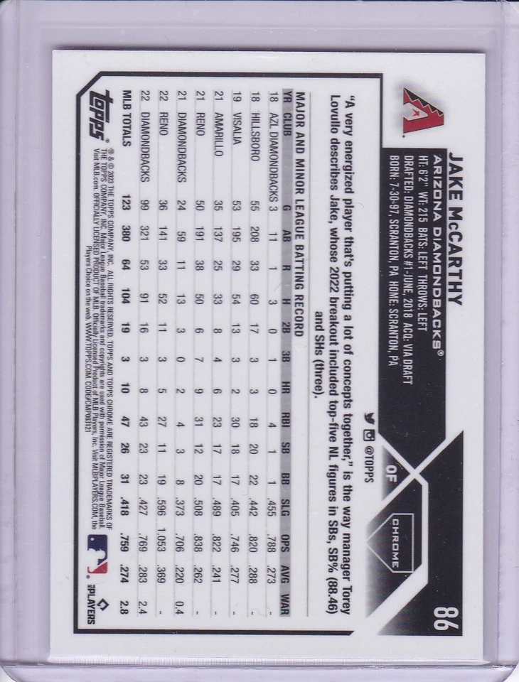 Jake McCarthy 2023 Topps Chrome Baseball Card 86 - Image 2 of 2
