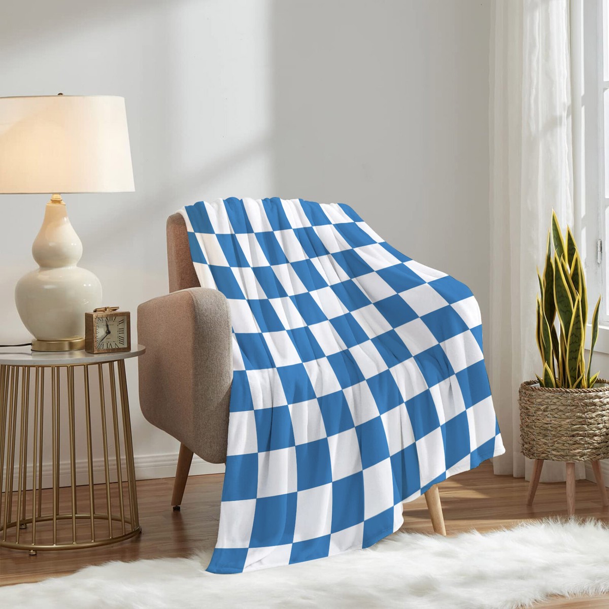 Blue and White Abstract Checkered Throw Blanket for Couch Bed Sofa