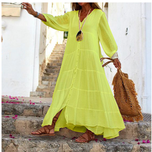 Damen Baumwolle Leinen Boho Maxikleid Damen Langarm Kittel Sommerkleid lose - Bild 4 von 8