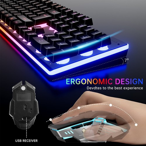 Wireless Mechanical Keyboard and Mouse Combo Rechargeable Ergonomic Gaming RGB - Picture 4 of 7