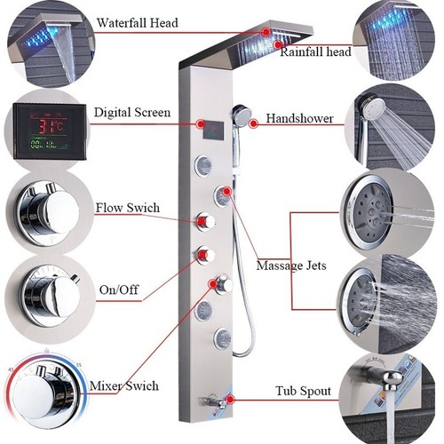 5 funciones LED Panel de ducha Ducha de lluvia Hidromasaje Acero inoxidable LCD - Imagen 77 de 94