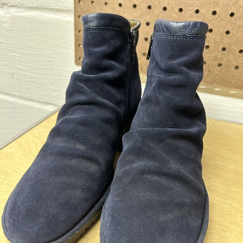 FLY London Wezo Relaxed Zip Up Booties 38 Navy Suede Leather Stacked Heel - Picture 4 of 10