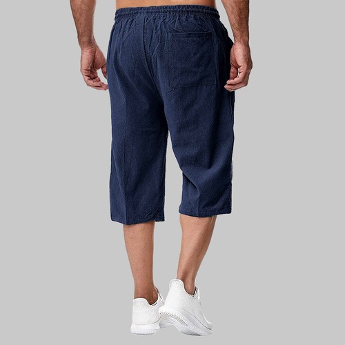 Mens 3/4 Length Linen Shorts Elasticated Waist Casual Drawstring Capri Pants US - Picture 12 of 30