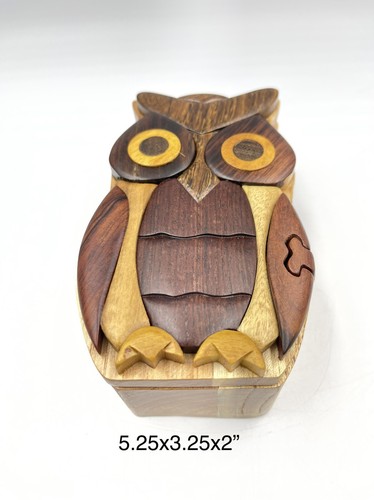 Gufo in legno puzzle scatola portagioie tono marrone gufo in legno da collezione 5x3x2" - Foto 1 di 8