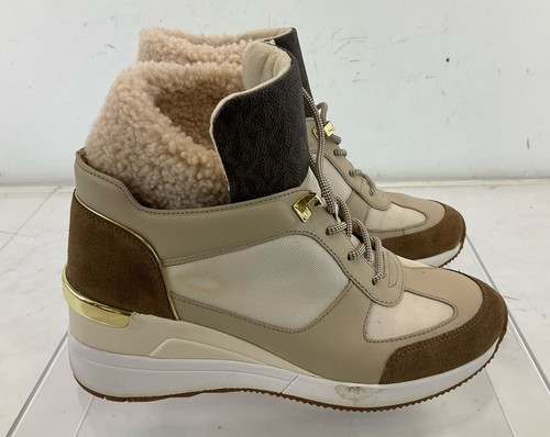 Michael Kors Beige Brown Fabric Suede Faux Fur High Top Sneakers 6.5M - Picture 2 of 5