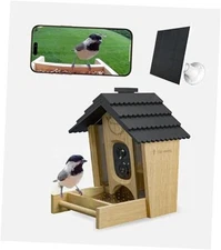  Smart Bird Feeder with Camera - Wooden, Solar-Powered Outdoor Feeder with 