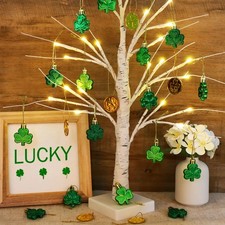 St. Patrick's Day Decor 23.2" Lighted Birch Tree with 36 Pcs Shamrock Ornaments